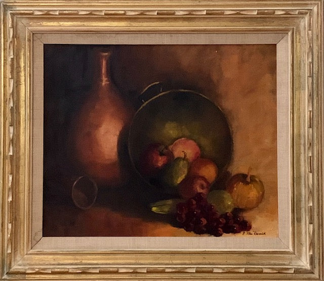 Food Table Setting, Wine Jug and Bowl of Fruit by P. Mac Donald. Every detail of this painting is extraordinary enchanting.