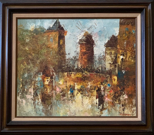 Edward Barton Abstract European Street Scene Painting. The mystery of this stunning painting gives the impression of a raining day in the streets.