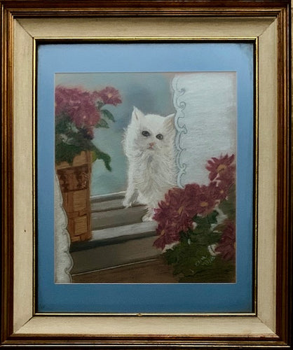 Charming Cat staring out of the window pencil coloring/Chalk painting by Judith.