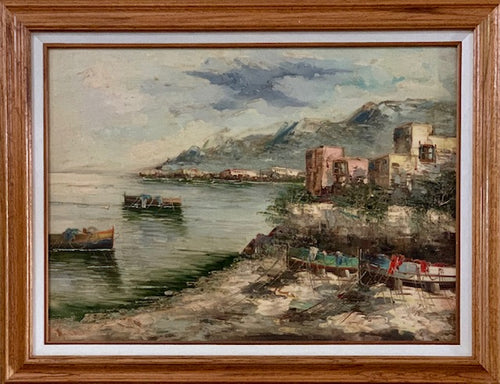 Beautiful Mediterranean Seascape Painting. This painting has connection to the past. Artist signature is not legible.