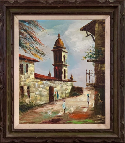 Small European Town Church Street Scene Painting. The unique and simplicity of this art work, speaks by its self. Artist signature is not legible.