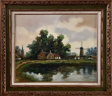 Beautiful Countryside Scene Painting with a Wind Mill and Farm Houses around the lake. This picturesque painting is by Vermees.