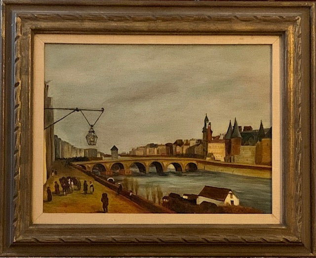 Travelers and Merchants at European Canal oil on canvas painting. 