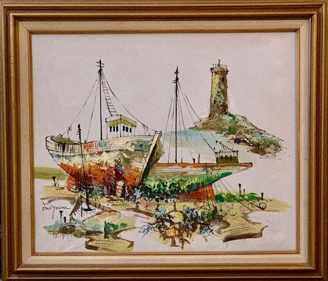 Early style painting “Shore Boats” oil on Canvas painting by Jack Greene.