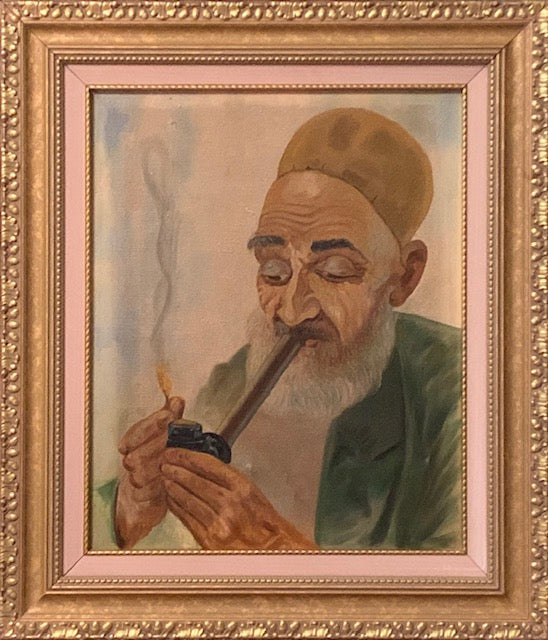 Oil painting on canvas of a Middle Eastern man smoking his pipe.