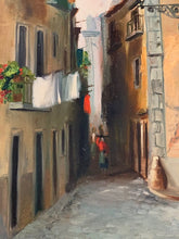 Mid-Century European province street Scene oil painting on canvas and backboard.