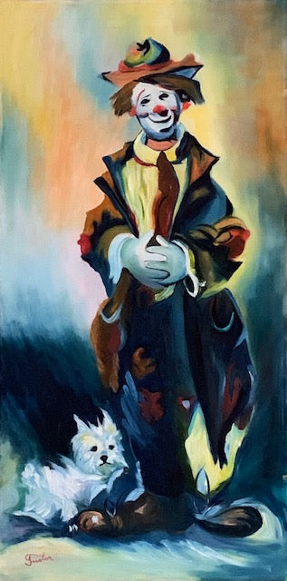 Marvelous colorful oil painting on canvas of a happy Clown and his little dog.