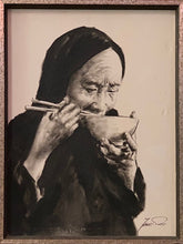 Vintage black and white painting of a humble woman eating a bowl of soup.