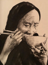 Vintage black and white painting of a humble woman eating a bowl of soup.