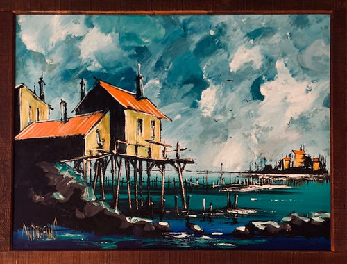 Off shore Village oil painting on panel board by Andrews.